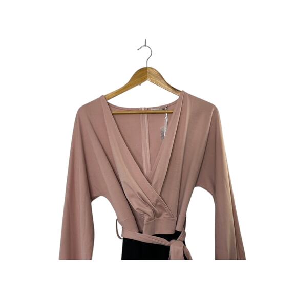 Grace Karin Pink & Black Classic V-Neckline Long Sleeve Form Fitting Wrap Dress - Picture 4 of 12